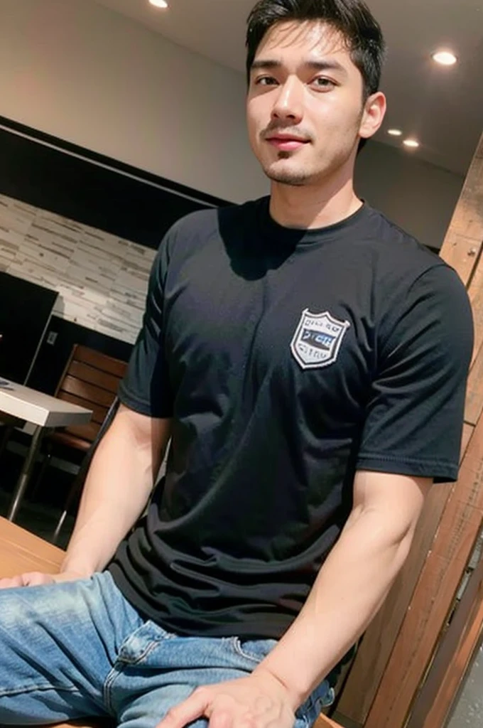 ((realistic daylight)) , Young Korean man in only a black sports shirt, no stripes, and jeans., A handsome, muscular young Asian man looks at the camera. , in the restaurant ,turn sideways
