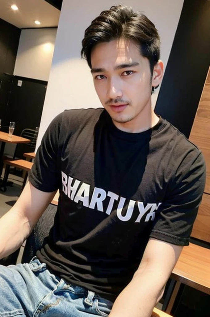 ((realistic daylight)) , Young Korean man in only a black sports shirt, no stripes, and jeans., A handsome, muscular young Asian man looks at the camera. , in the restaurant ,turn sideways
