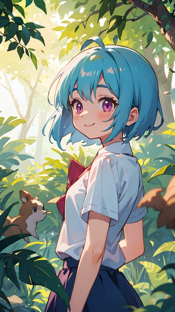 ****************、Light blue hair、Pink Eyes、smile、blush、Small breasts、From the back、white blouse shirt、Checked skirt、Under the bright light of the sunlight filtering through the trees、Acorns、Sharp contours、Tomboy、boyish、First class work