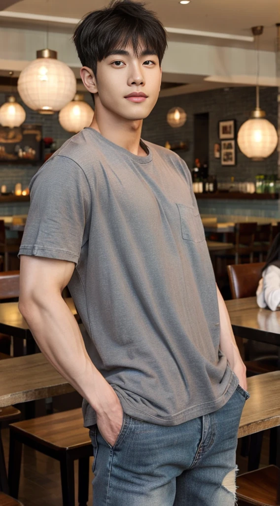 ((realistic daylight)) , Young Korean man in a gray t-shirt Denim shirt, jeans, A handsome, muscular young Asian man looks at the camera. , in the restaurant ,turn sideways