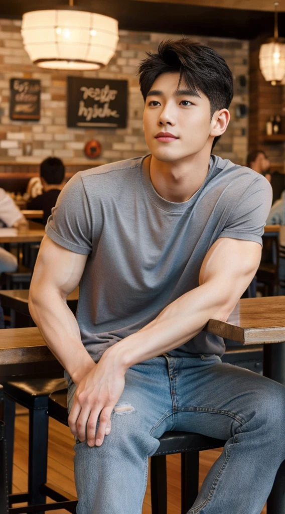 ((realistic daylight)) , Young Korean man in a gray t-shirt Denim shirt, jeans, A handsome, muscular young Asian man looks at the camera. , in the restaurant ,turn sideways