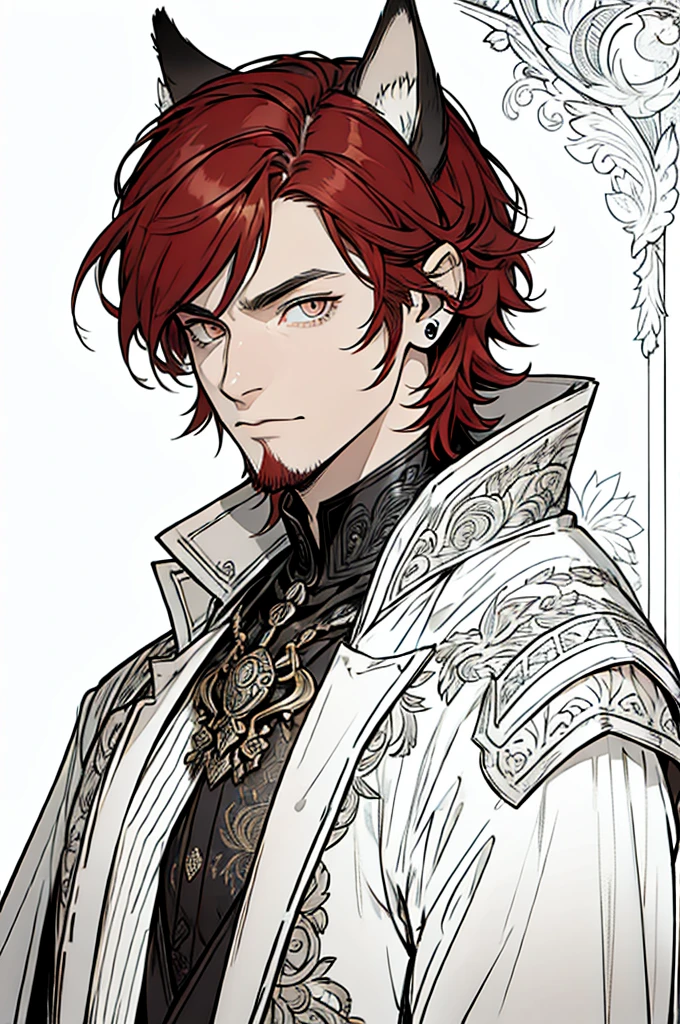 (masterpiece)，(Very detailed)，(Very detailed)，(best quality), lineart, one man, fantasy character with ((furry ears instead of human ears)), silver eyes, ((short red hair)), ((portrait)) tall, stunning, fantasy, beautiful face, animated style, perfect face, highest detail, stubble, detailed face, clothes, intricate details, fantasy background, expressionless, solo,