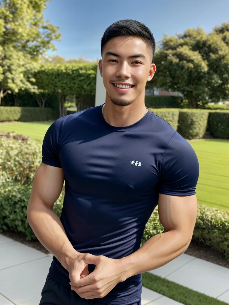 Tony Labrusca, (As a matter of fact, Masterpiece, 8k HD, good light quality, sportswear, fit the face, complicated details), A handsome, muscular young Korean man. , 20 years old, be happy, smile brightly, detailed face, delicate eyes, มองดูsky, Wear a navy tight T-shirt., period, black eyes, Black hair color, ผมsmooth, smooth, outdoor sports, Along the garden, Sunny,sky，Surreal，Superb details，Highest quality，real，