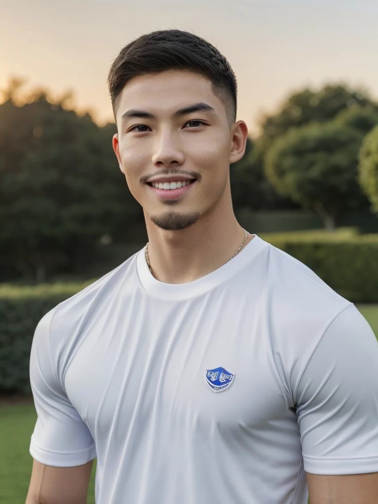 Tony Labrusca, (As a matter of fact, Masterpiece, 8k HD, good light quality, sportswear, fit the face, complicated details), A handsome, muscular young Korean man. , 20 years old, be happy, smile brightly, detailed face, delicate eyes, มองดูsky, Wear a navy tight T-shirt., period, black eyes, Black hair color, ผมsmooth, smooth, outdoor sports, Along the garden, Sunny,sky,Surreal,Superb details,Highest quality,real,