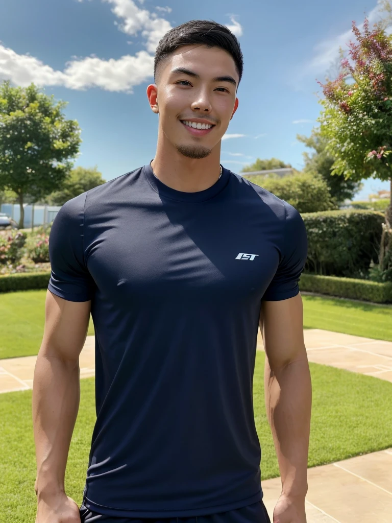 Tony Labrusca, (As a matter of fact, Masterpiece, 8k HD, good light quality, sportswear, fit the face, complicated details), A handsome, muscular young Korean man. , 20 years old, be happy, smile brightly, detailed face, delicate eyes, มองดูsky, Wear a navy tight T-shirt., period, black eyes, Black hair color, ผมsmooth, smooth, outdoor sports, Along the garden, Sunny,sky,Surreal,Superb details,Highest quality,real,