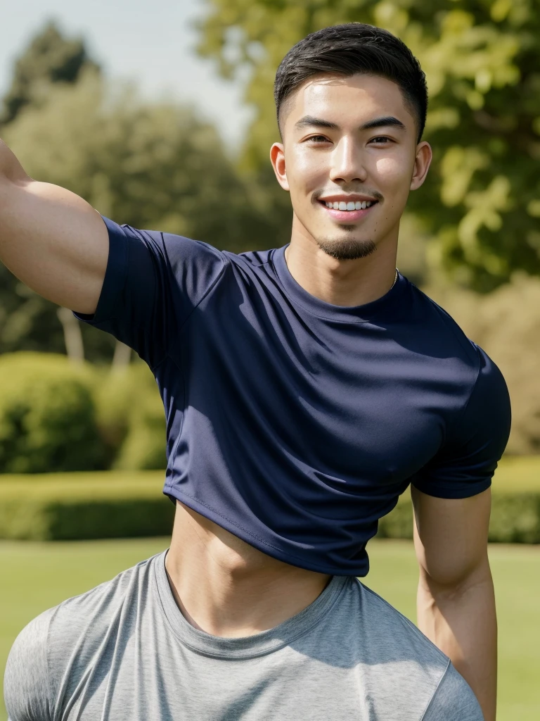 Tony Labrusca, (As a matter of fact, Masterpiece, 8k HD, good light quality, sportswear, fit the face, complicated details), A handsome, muscular young Korean man. , 20 years old, be happy, smile brightly, detailed face, delicate eyes, มองดูsky, Wear a navy tight T-shirt., period, black eyes, Black hair color, ผมsmooth, smooth, outdoor sports, Along the garden, Sunny,sky，Surreal，Superb details，Highest quality，real，