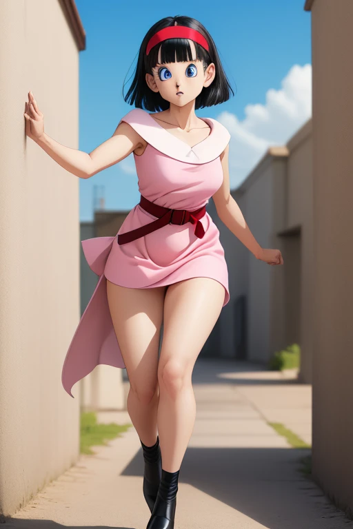 3D Digital Art Masterpiece, Videl from Dragon ball super, detailed slender body,  short black hair with bangs, red headband, short red dress, black belt, with legwear and black ankle boots, beautiful and detailed face with blue eyes, full lips and full-body-shot in 