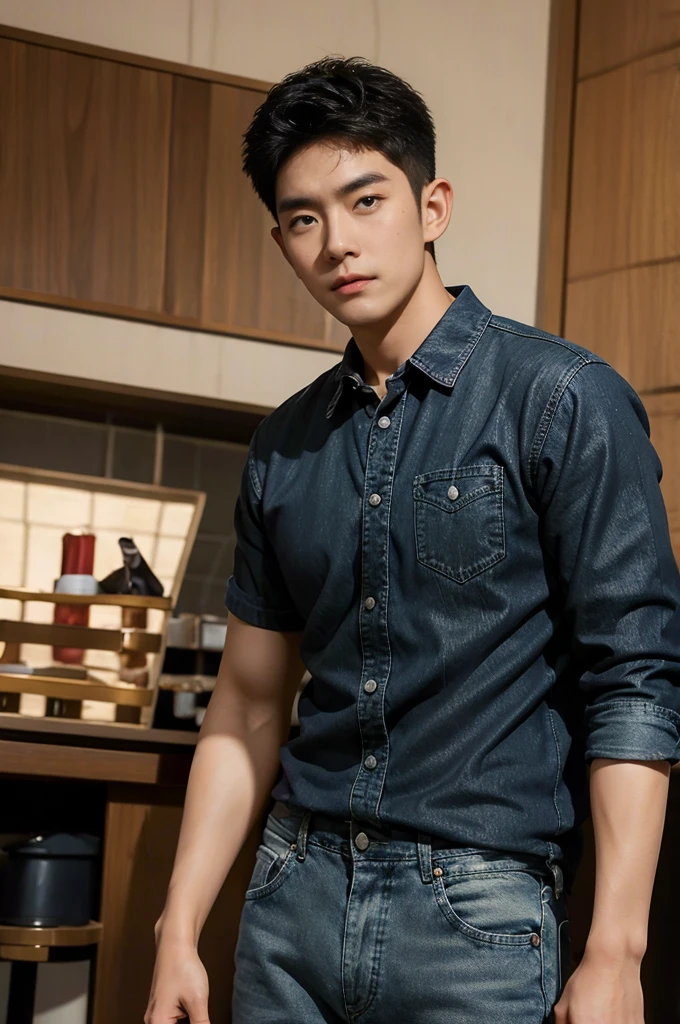 ((realistic daylight)) , Young Korean man in black sports shirt only, no pattern, denim shirt, jeans., A handsome, muscular young Asian man looks at the camera.  , in the restaurant ,turn sideways((realistic daylight)) , Young Korean man in black sports shirt only, no pattern, denim shirt, jeans., A handsome, muscular young Asian man looks at the camera.  , in the restaurant ,turn sideways