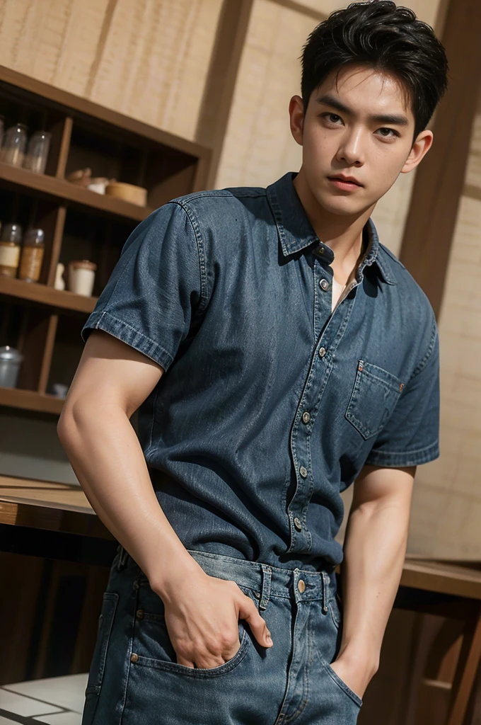 ((realistic daylight)) , Young Korean man in black sports shirt only, no pattern, denim shirt, jeans., A handsome, muscular young Asian man looks at the camera. , in the restaurant ,turn sideways((realistic daylight)) , Young Korean man in black sports shirt only, no pattern, denim shirt, jeans., A handsome, muscular young Asian man looks at the camera. , in the restaurant ,turn sideways