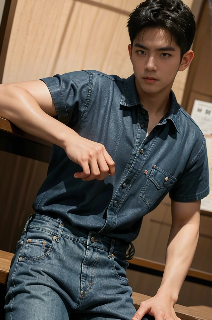 ((realistic daylight)) , Young Korean man in black sports shirt only, no pattern, denim shirt, jeans., A handsome, muscular young Asian man looks at the camera.  , in the restaurant ,turn sideways((realistic daylight)) , Young Korean man in black sports shirt only, no pattern, denim shirt, jeans., A handsome, muscular young Asian man looks at the camera.  , in the restaurant ,turn sideways