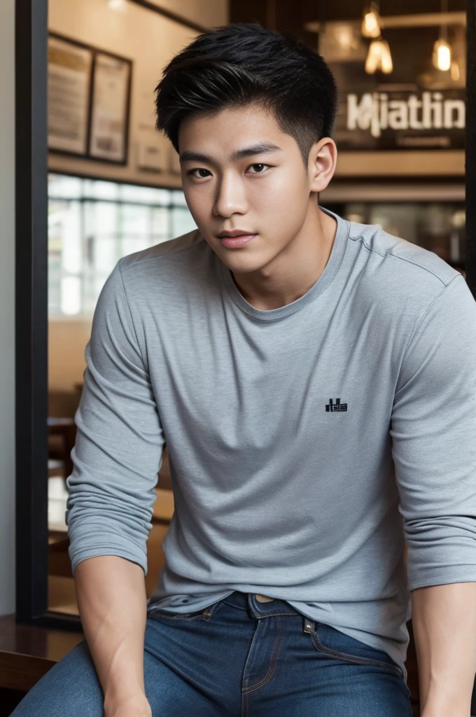 ((realistic daylight)) , Young Korean man in only a black sports shirt, no stripes, and jeans., A handsome, muscular young Asian man looks at the camera. , in the restaurant ,turn sideways