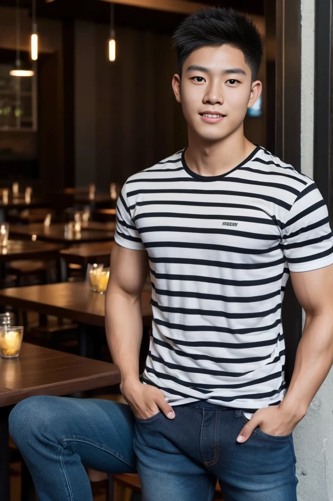 ((realistic daylight)) , Young Korean man in only a black sports shirt, no stripes, and jeans., A handsome, muscular young Asian man looks at the camera. , in the restaurant ,turn sideways