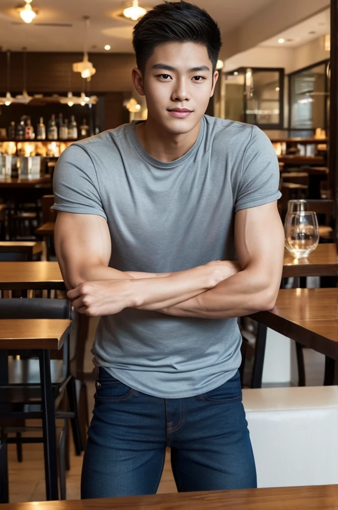 ((realistic daylight)) , Young Korean man in only a black sports shirt, no stripes, and jeans., A handsome, muscular young Asian man looks at the camera. , in the restaurant ,turn sideways