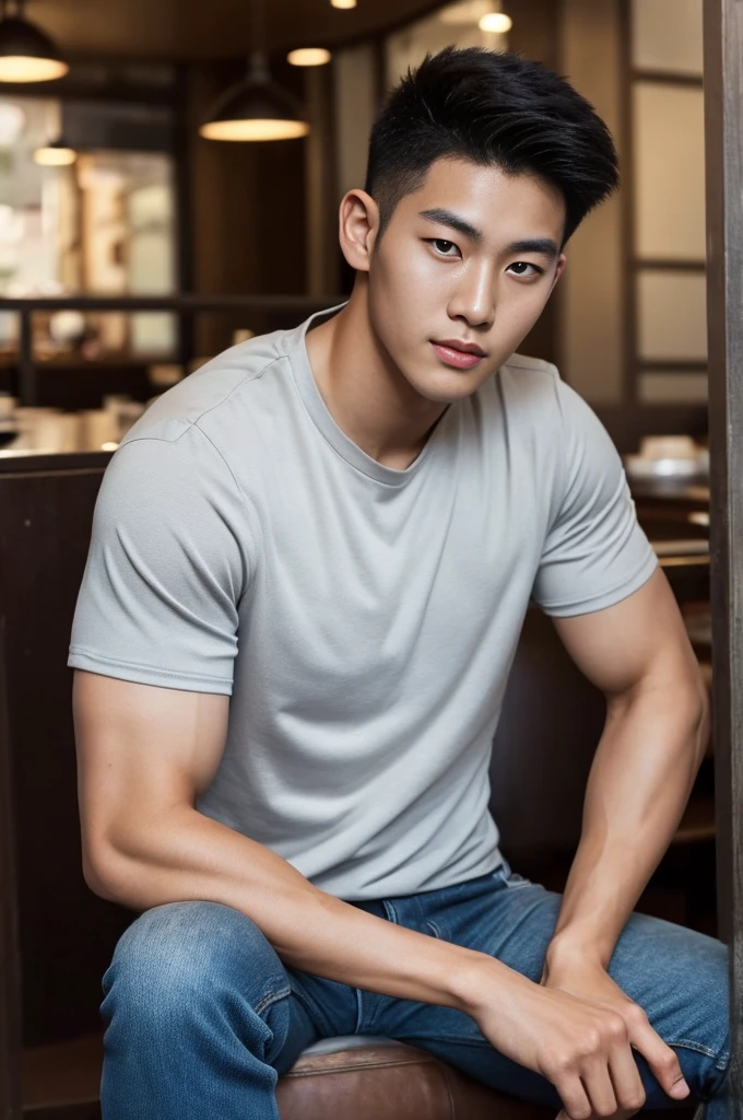 ((realistic daylight)) , Young Korean man in only a black sports shirt, no stripes, and jeans., A handsome, muscular young Asian man looks at the camera. , in the restaurant ,turn sideways