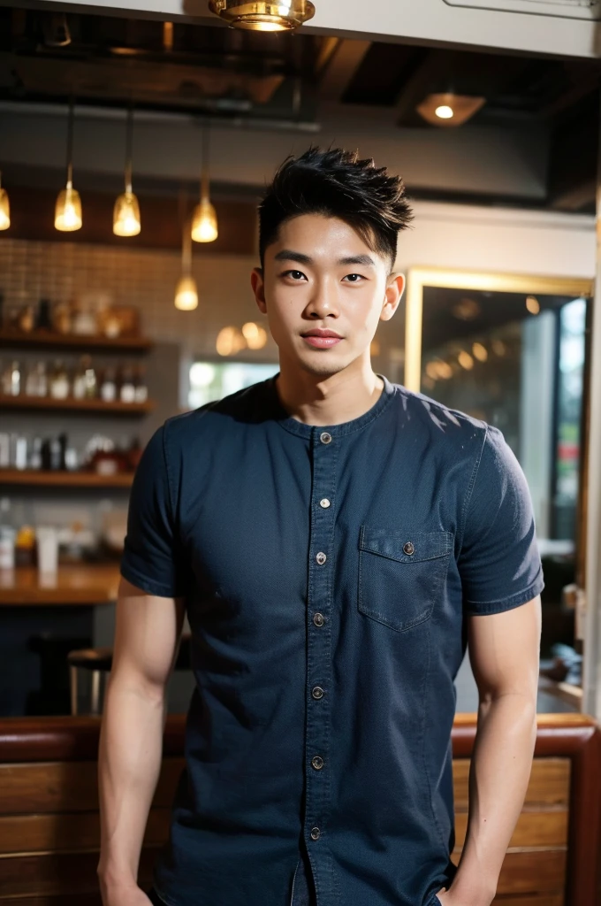 ((realistic daylight)) , Young Korean man in a black t-shirt with no pattern, a denim shirt, and jeans., A handsome, muscular young Asian man looks at the camera.  , in a Thai restaurant ,turn sideways