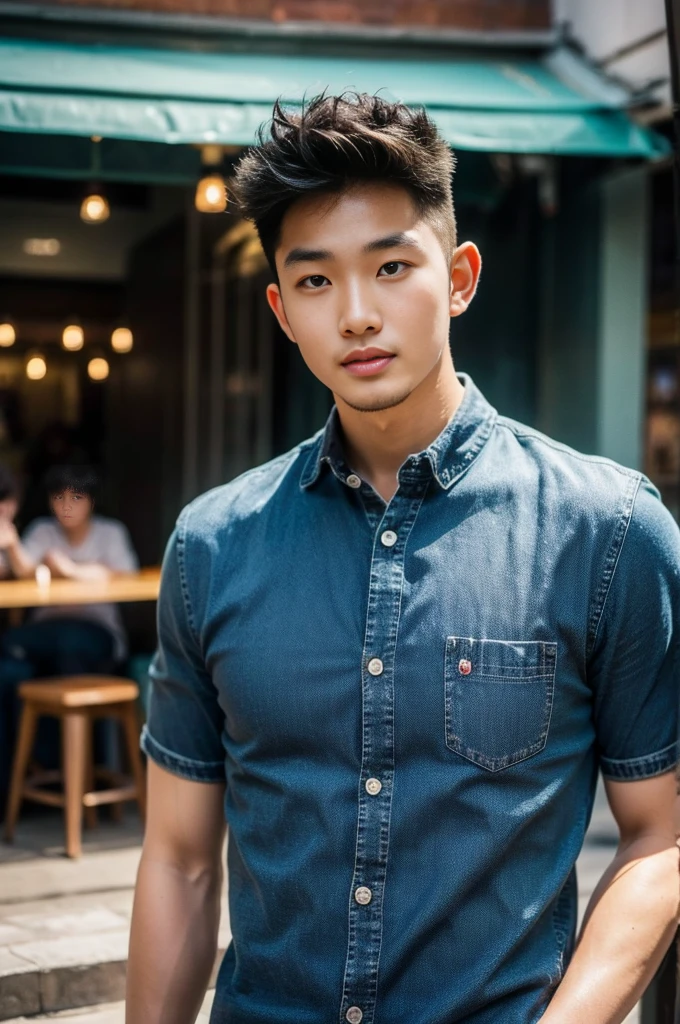 ((realistic daylight)) , Young Korean man in a black t-shirt with no pattern, a denim shirt, and jeans., A handsome, muscular young Asian man looks at the camera.  , in a Thai restaurant ,turn sideways