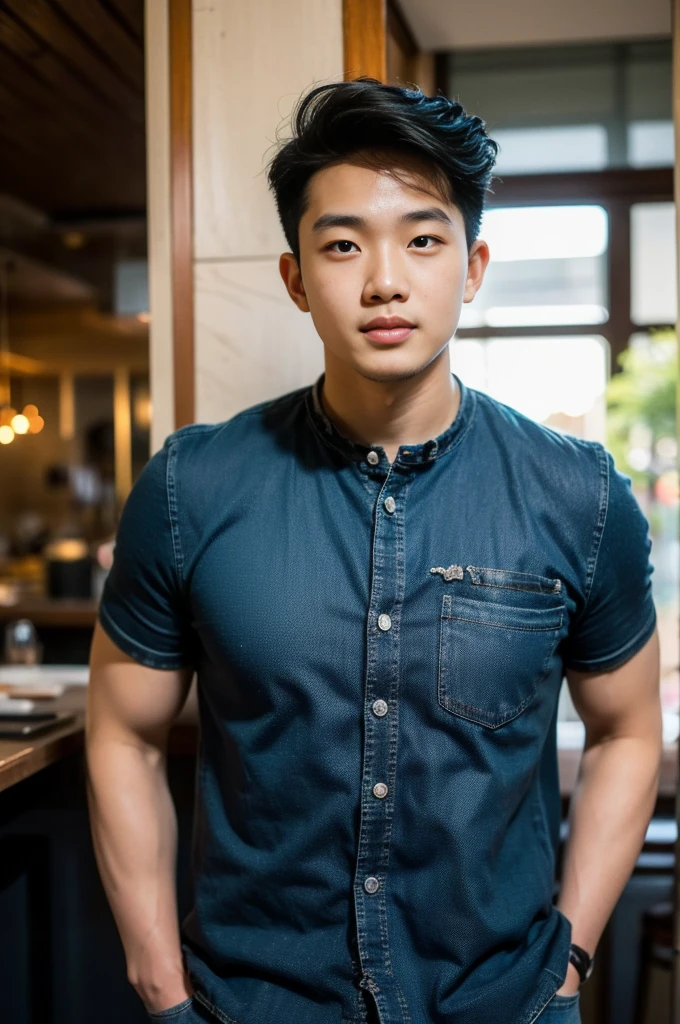 (best quality, 4K, 8K, high resolution, Masterpiece: 1.2), Special details, (realistically, As realistic as a photo, photo realistic: 1.37), Edge lighting, Extra detailed coloring, sharp focus, Physical rendering ,Extremely detailed description,professional,light color,Bokeh,Portrait,look at the viewer,
Young Asian man, 20 years old ,(Wear a white t-shirt)