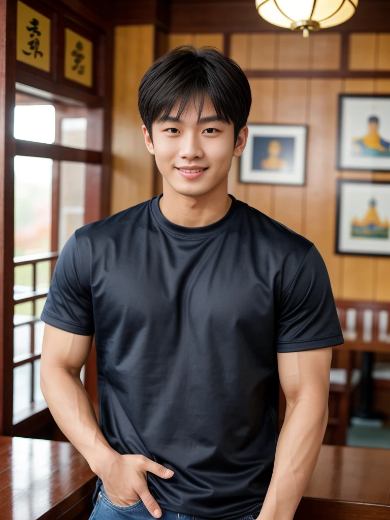 独奏: 1.5, (As a matter of fact, Masterpiece, 8k HD, good light quality, sportswear, fit the face, complicated details), A handsome Korean young man with muscular arms. , 20 years old, be happy, smile brightly, detailed face, delicate eyes, look at the sky, Wear a navy tight T-shirt.:1.6 ,Wear a denim coat., jeans period, black eyes, Black hair color, ผมsmooth, smooth,Surreal,Superb details,Highest quality,real,Open your mouth to talk. , Close your eyes., (Standing in a Thai restaurant, Burmese temple:1.1)