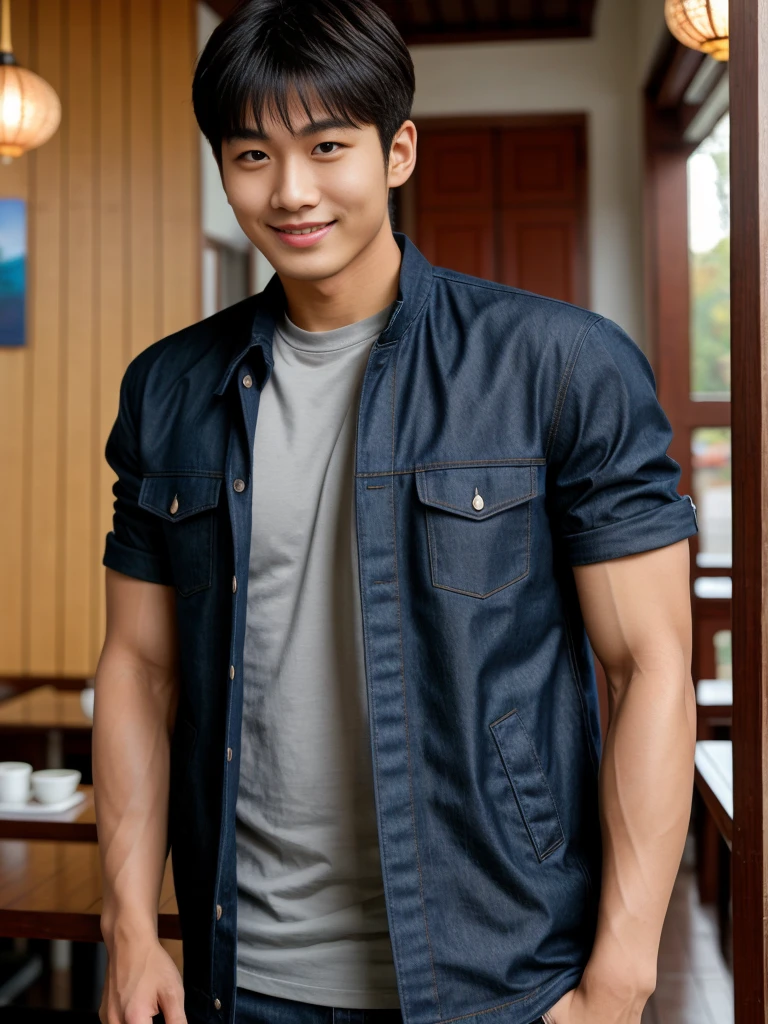 独奏: 1.5, (As a matter of fact, Masterpiece, 8k HD, good light quality, sportswear, fit the face, complicated details), A handsome Korean young man with muscular arms. , 20 years old, be happy, smile brightly, detailed face, delicate eyes, look at the sky, Wear a navy tight T-shirt.:1.6 ,Wear a denim coat., jeans period, black eyes, Black hair color, ผมsmooth, smooth，Surreal，Superb details，Highest quality，real，Open your mouth to talk. , Close your eyes., (Standing in a Thai restaurant, Burmese temple:1.1)