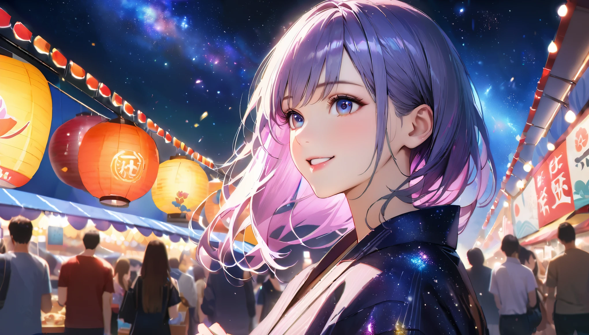 Summer festival,Date with her,night, Starry Sky,yukata,Gazing at the sky,high school girl,smile,Glitter effect,Highest quality, 8k, High resolution, masterpiece:1.2, Very detailed, Realistic:1.37, High resolution, 超High resolution, Ultra-fine painting, Very detailed, Professional, Vibrant colors