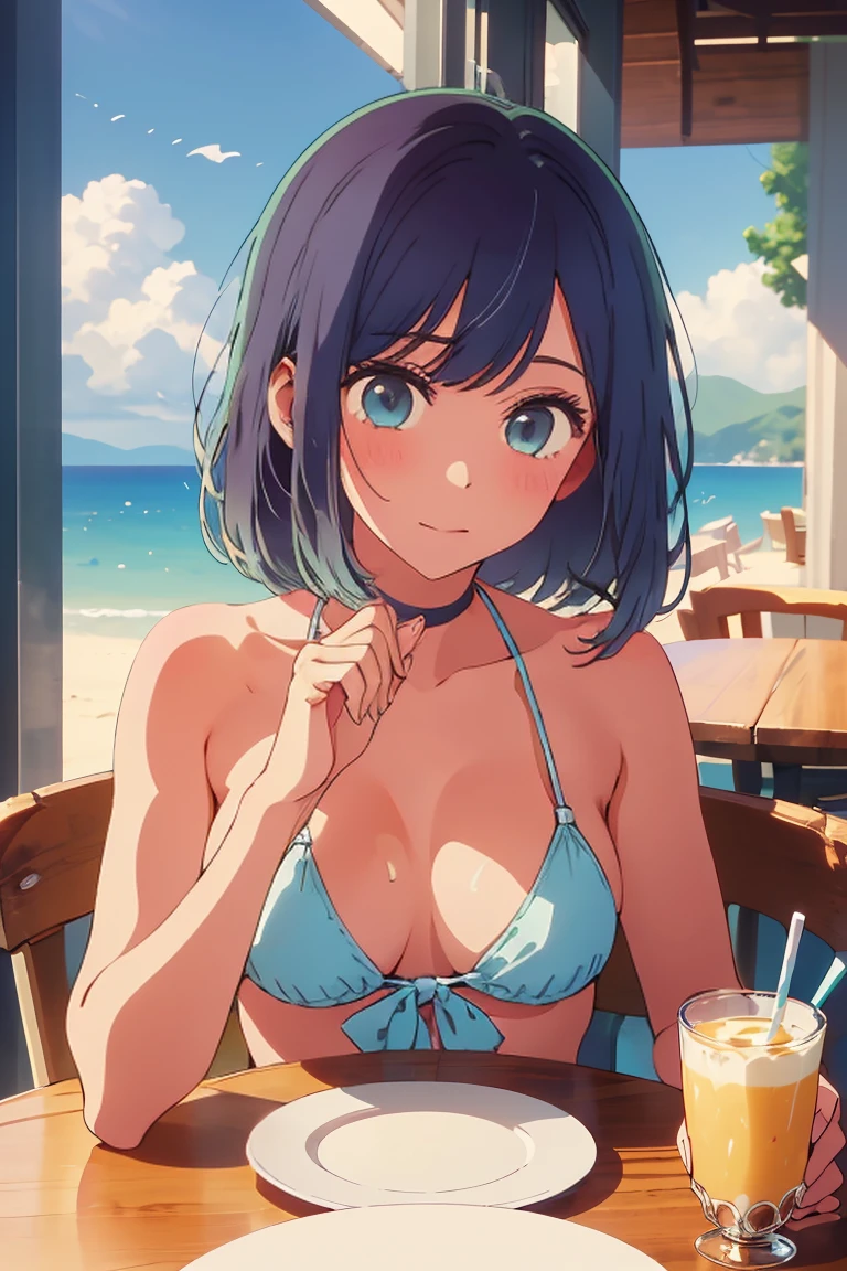 (Highest quality:1.4、masterpiece:1.4、Very detailed:1.4、8k:1.4)、((((1 person、Surprised expression、sit、Cafe Terrace、Coastal、juice、table、Sandy Beach、juiceのグラスを持つ、Very soft 、Big eyes、Very cute face))))、(Big areola sticking out from micro bikini:1.4)、F cup bust、Mid-chest、Underbust