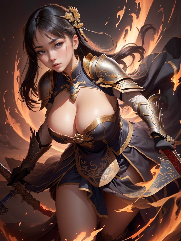 a close up of a woman in armor holding a sword, inspired by Ju Lian, inspired by Li Mei-shu, yun ling, g liulian art style, by Yang J, bian lian, xianxia hero, inspired by Pu Hua, inspired by Guo Chun, by Qu Leilei, yang qi, inspired by Lan Ying, inspired by Li Tang, Saggy breasts, Gravity-dependent breasts, long chest, Heavy chest, disproportionate breasts, huge breasts, sagging breasts, gigantic breasts,