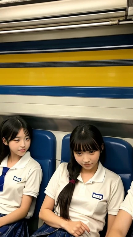 Cute junior high school girls in Japan are wearing polo shirts、On an empty train
