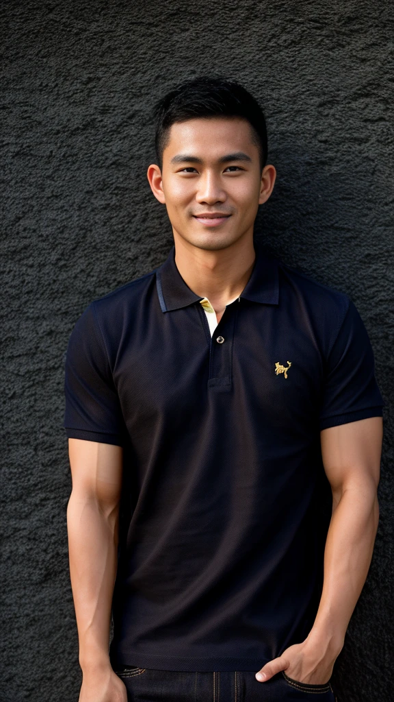 Thai man ,man,He is about 30 years old..,Rough and handsome appearance,large breastsj,Big waistline,buzz cut, angry, sullen, best quality, Masterpiece,(Have muscles:4.5),(best quality,high resolution,Masterpiece:1.2),The eyes are natural and delicate..,1 person,alone,gay asian,muscle,Long legs,brave,short hair details,conjunctivitis ,strong,brown eyes, (outdoor background road :1.5),in the market,sit (dark blue polo shirt:1.3),Jeans ,smile