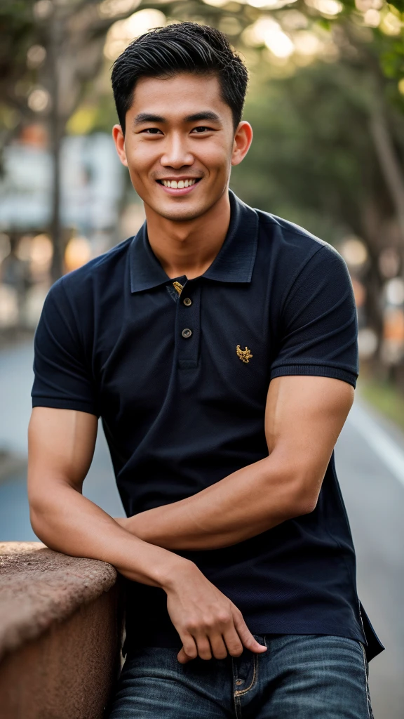 Thai man ,man,He is about 30 years old..,Rough and handsome appearance,large breastsj,Big waistline,buzz cut, angry, sullen, best quality, Masterpiece,(Have muscles:4.5),(best quality,high resolution,Masterpiece:1.2),The eyes are natural and delicate..,1 person,alone,gay asian,muscle,Long legs,brave,short hair details,conjunctivitis ,strong,brown eyes, (outdoor background road :1.5),in the market,sit (dark blue polo shirt:1.3),Jeans ,smile