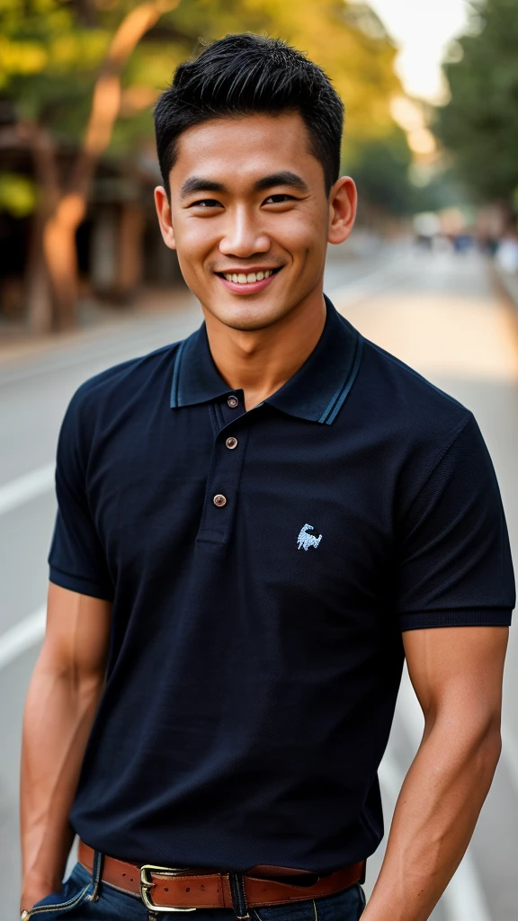 Thai man ,man,He is about 30 years old..,Rough and handsome appearance,large breastsj,Big waistline,buzz cut, angry, sullen, best quality, Masterpiece,(Have muscles:4.5),(best quality,high resolution,Masterpiece:1.2),The eyes are natural and delicate..,1 person,alone,gay asian,muscle,Long legs,brave,short hair details,conjunctivitis ,strong,brown eyes, (outdoor background road :1.5),in the market,sit (dark blue polo shirt:1.3),Jeans ,smile