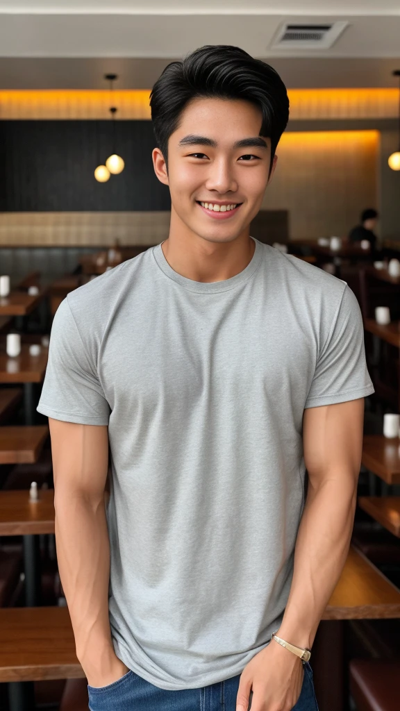 single: 1.5, (ที่TRUEแล้ว, Masterpiece, 8k HD, good light quality, sportswear, to fit the face, complicated details), A handsome Korean man with muscular arms.. , 20 years old, be happy, smile brightly, detailed face, delicate eyes, look at the sky, Wearing a tight gray t-shirt:1.6 ,Wear a denim coat.., Jeans era, black eyes, Black hair color, ผมsmooth, smooth，SurTRUE，Excellent details，Highest quality，TRUE，Open your mouth to talk.. , Close your eyes.., (Standing in a restaurant:1.5)