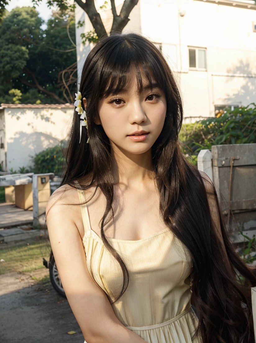 a beautiful korean, with thin body, feminine, soft girl, with white skin, black long wavy hair, and bangs, and a v-shaped small and slim face, wearing a yellow white drees, while there are trees and houses at the background like in the Phillippines