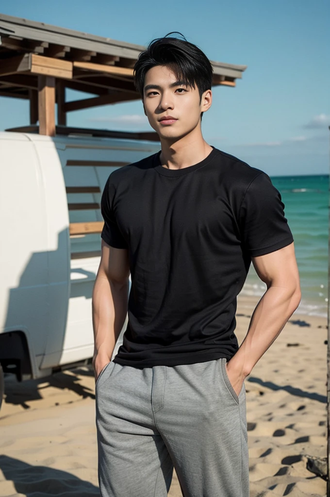 A young Asian man stands, handsome, muscular, looking at the camera. In a simple black t-shirt, Fieldside, grass, beach, sunlight