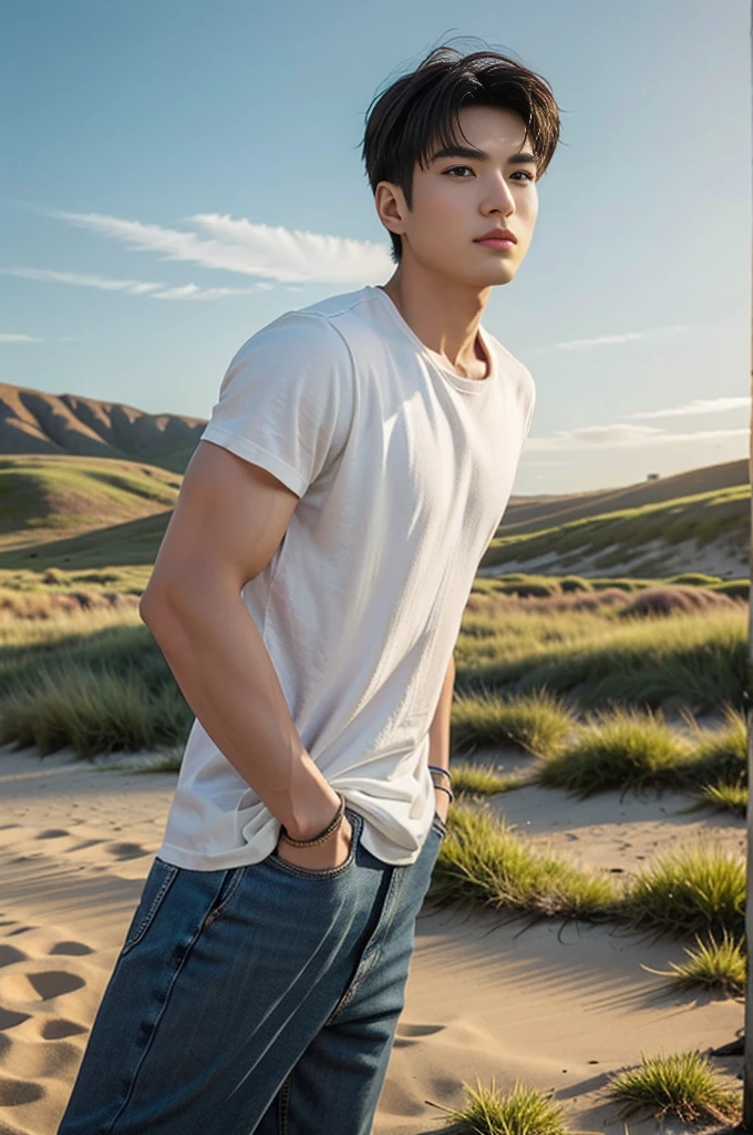 A young Asian man stands, handsome, muscular, looking at the camera. In a simple black t-shirt, Fieldside, grass, beach, sunlight