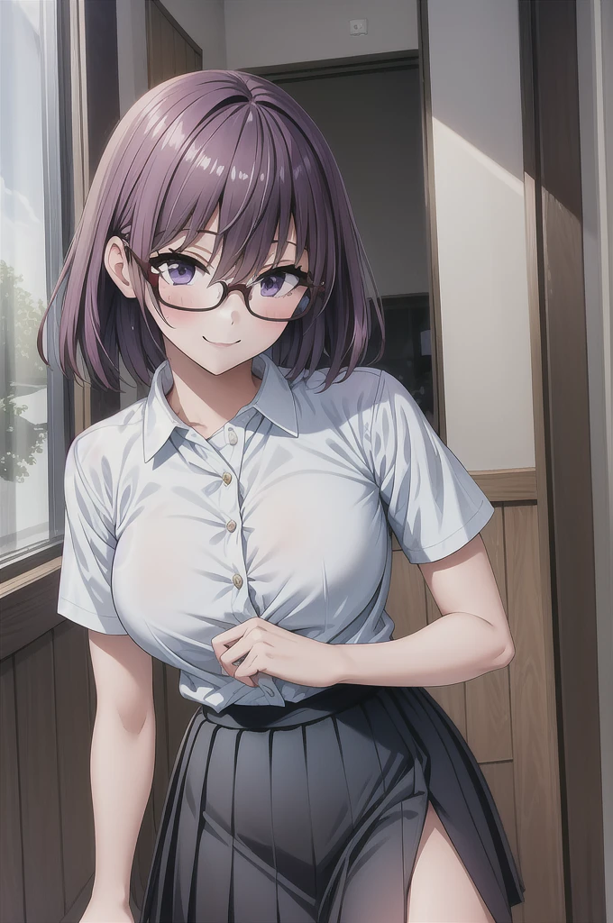 1girl, cowboy shot, classroom, smile, glasses, 
nitengojigen_ririsa, purple eyes, purple hair, short hair, bangs, lace underwear, short sleeves, Show your breasts,sex, pleated skirt, best quality, masterpiece, highres, 