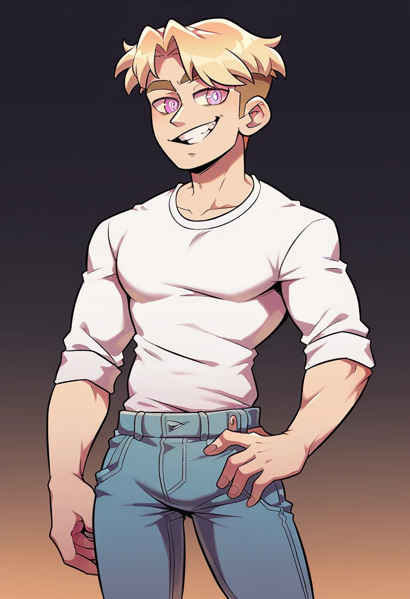 YouTuber, blond hair, dark colorful eyes, standing happily with his hand on his hips, plain white tee shirt, black jeans, big smile, plain white background, male , adult male,