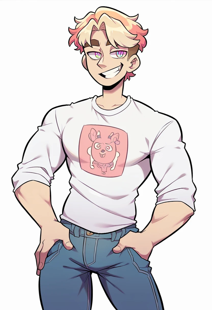 YouTuber, blond hair, dark colorful eyes, standing happily with his hand on his hips, plain white tee shirt, black jeans, big smile, plain white background, male , adult male,