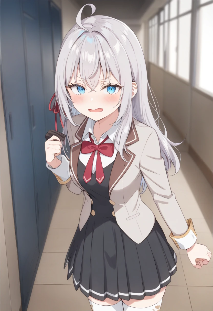 One girl, Alisa Mikhailovna Kujo,Tomorrow, my friend, Arya-san, will be visiting Russia.,alone, Long Hair, Eyebrows visible through hair, Hair between the eyes, Silver Hair, Hair Ribbon, blue eyes, Medium chest, ,White legwear,zettai ryouiki, Long sleeve, Jacket,
Sealing, Portraiture, View your viewers, Severe, corridor, Open your mouth,
Highest quality, so beautiful, Absurd