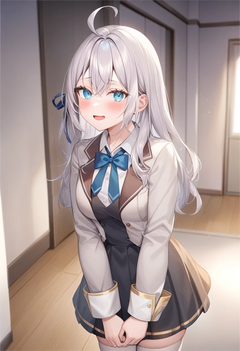 One girl,  Alisa Mikhailovna Kujo,Tomorrow, my friend, Arya-san, will be visiting Russia.,alone, Long Hair, Eyebrows visible through hair, Hair between the eyes, Silver Hair, Hair Ribbon, blue eyes, Medium chest, ,White legwear,zettai ryouiki, Long sleeve, Jacket,
Sealing, Portraiture, View your viewers, Severe, corridor, Open your mouth,
Highest quality, so beautiful, Absurd