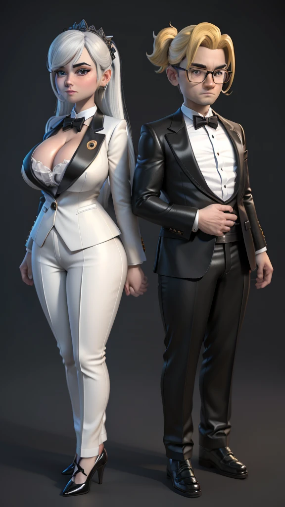 a cartoon couple dressed in formal clothes posing for a picture, highly detailed characters, very detailed and rich clothing, (sfw) safe for work, 3 d cartoon, very detailed and high quality, 8k high quality detailed art, elegant pose, 3 d render stylized, couple pose, anya from spy x family, lovely couple, casual pose, elegant cinematic pose,big breast and fat body,