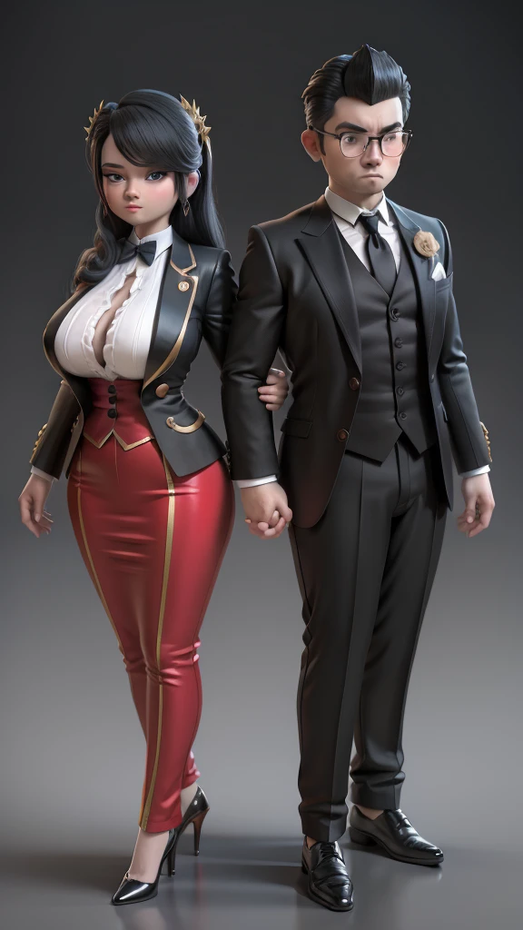 a cartoon couple dressed in formal clothes posing for a picture, highly detailed characters, very detailed and rich clothing, (sfw) safe for work, 3 d cartoon, very detailed and high quality, 8k high quality detailed art, elegant pose, 3 d render stylized, couple pose, anya from spy x family, lovely couple, casual pose, elegant cinematic pose,big breast and fat body,