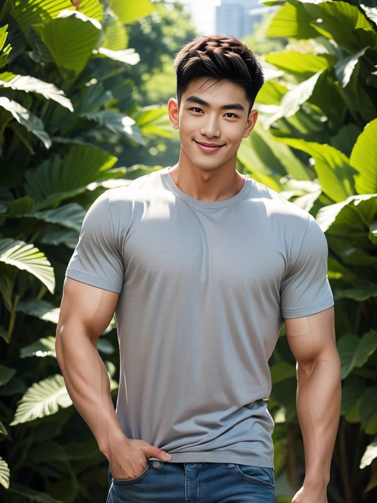 man , gray t-shirt jeans, black short hair , outdoor , cute smile , หน้าhandsomeแบบเกาหลีสมจริง , modest muscles , Masterpiece、High resolution、Surreal、detailed face、alone、man、Glowing skin、(Asia)、handsome、Detailed background