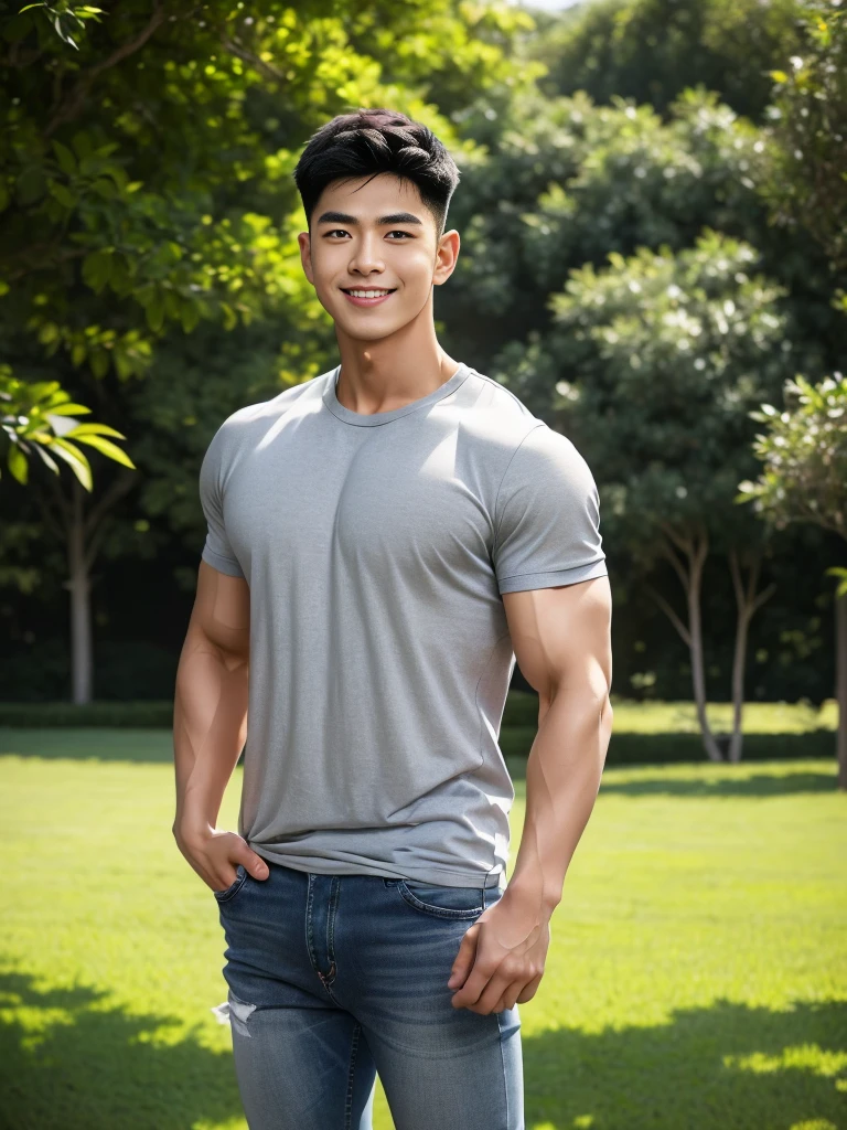 man , gray t-shirt jeans, black short hair , outdoor , cute smile , หน้าhandsomeแบบเกาหลีสมจริง , modest muscles , Masterpiece、High resolution、Surreal、detailed face、alone、man、Glowing skin、(Asia)、handsome、Detailed background