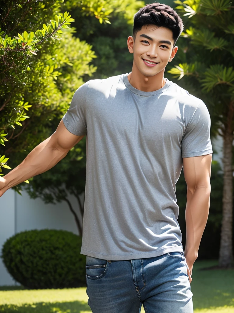 man , gray t-shirt jeans, black short hair , outdoor , cute smile , หน้าhandsomeแบบเกาหลีสมจริง , modest muscles , Masterpiece、High resolution、Surreal、detailed face、alone、man、Glowing skin、(Asia)、handsome、Detailed background