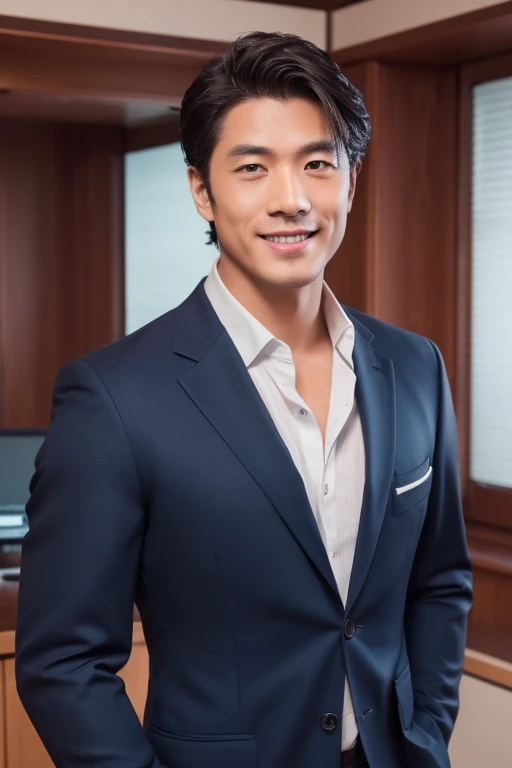 a handsome business man with navy suit, in 20s, smiling, japanese, japanese popular hair style, muscular physique, facing front in an office interior, (best quality,4k,8k,highres,masterpiece:1.2),ultra-detailed,(realistic,photorealistic,photo-realistic:1.37),highly detailed face,extremely detailed facial features,intricate details,sharp focus,physically-based rendering,vivid colors,studio lighting