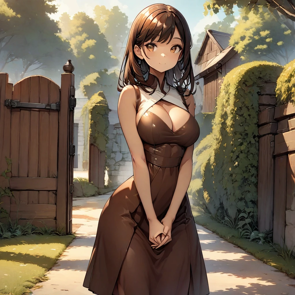 1 girl, ((masterpiece, highly detailed, HD, high quality)), Side set breasts, (breasts type: Side_set, Breasts have a wider gap between them, with nipples pointing more outward), upper body, head to knees, Eyes - Large, dark brown, Nose - Small and rounded, Lips - Thin, natural pink, Hair - Long, straight, dark brown, Skin Tone - Warm medium with a golden undertone, Eyebrows - Thick and straight, Cheekbones - High and soft, Chin - Rounded, Ears - Medium-sized and close to the head, Expression - Warm and welcoming, wearing (Wool blend A-line dress), standing, ((Hands Clasped in Front, Head Tilted)), looking at viewer, camara lavel with face, background: outside, home front gate.