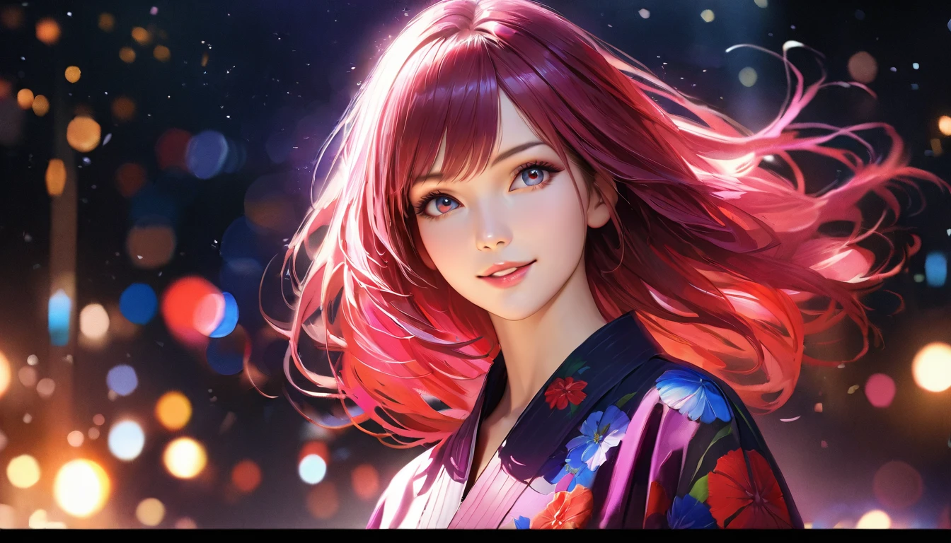 a beautiful girl wearing a yukata standing under the night sky looking at the stars, smiling with a sparkling effect, 1girl, detailed face, beautiful eyes, detailed lips, long eyelashes, medium: digital painting, vibrant colors, cinematic lighting, dreamlike, photorealistic, 8k, best quality, masterpiece:1.2, ultra-detailed, realistic:1.37, HDR, UHD, studio lighting, ultra-fine painting, sharp focus, physically-based rendering, extreme detail description, professional, vivid colors, bokeh