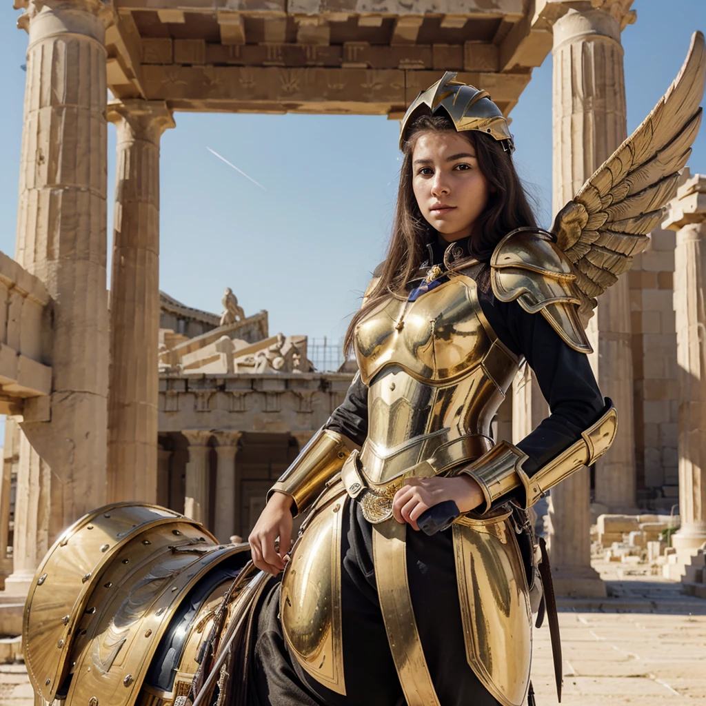 masterpiece, Highest quality, Very detailed, 16K, Ultra-high resolution, Cowboy Shot, Detailed face, Perfect Fingers, 1 female, 14 years old, Greece, In front of the Parthenon, Sagittarius Armor, armor, golden armor, wing, Helmet, long metal wing, long golden wing