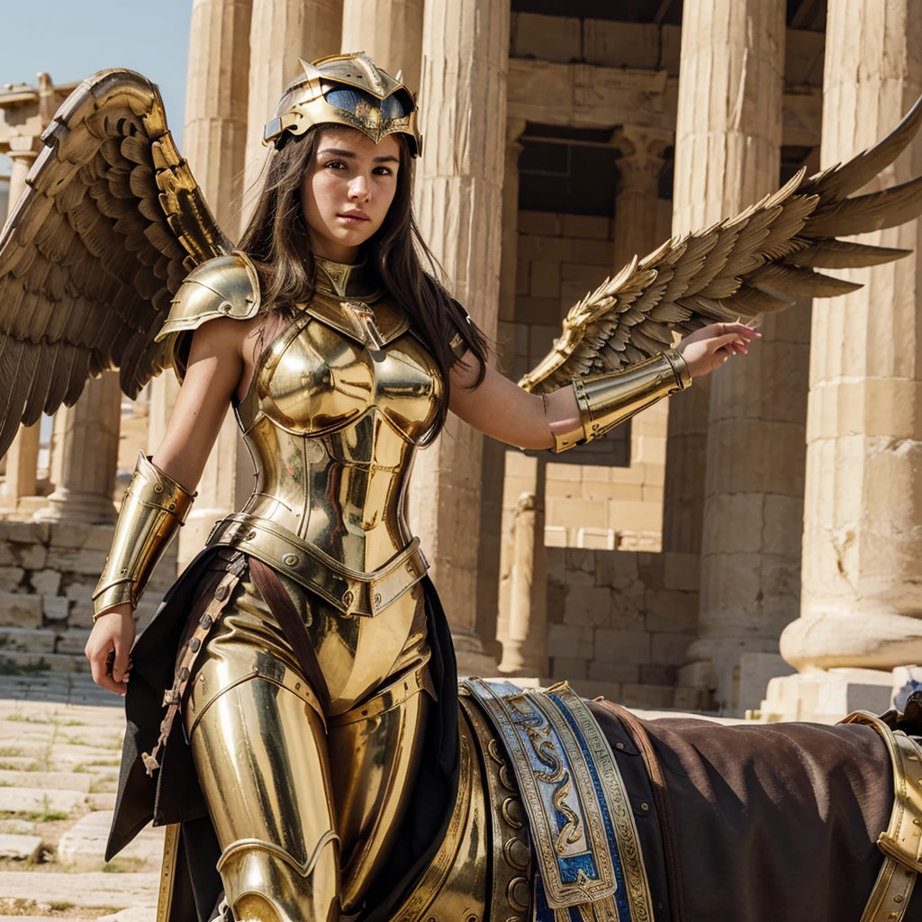 masterpiece, Highest quality, Very detailed, 16K, Ultra-high resolution, Cowboy Shot, Detailed face, Perfect Fingers, 1 female, , Greece, In front of the Parthenon, Sagittarius Armor, armor, golden armor, wing, Helmet, long metal wing, long golden wing