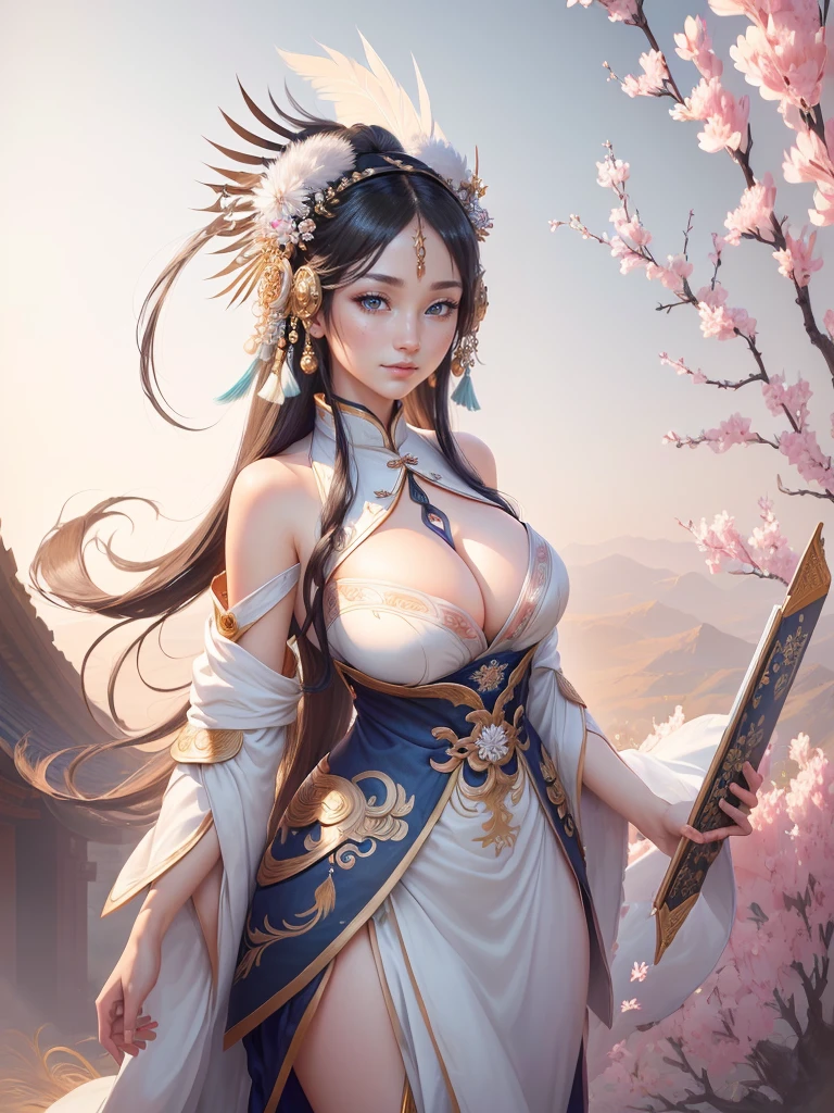 anime lady in a silver dress with a feather on her head, yun ling, inspired by Li Mei-shu, full body xianxia, highly detailed exquisite fanart, inspired by Pu Hua, inspired by Ju Lian, yang qi, lei min, Highly detailed CG unit 8k wallpaper, masterpiece, High resolution, highest quality, highest quality real texture skin, Super Real, Digital Painting, Best image quality, 最High resolution, 8k, ((Highly detailed eyes and face, Beautiful eyes every detail)), 1girl, Full Body Shot, Saggy breasts, Gravity-dependent breasts, long chest, Heavy chest, disproportionate breasts, huge breasts, sagging breasts, gigantic breasts, smile, 